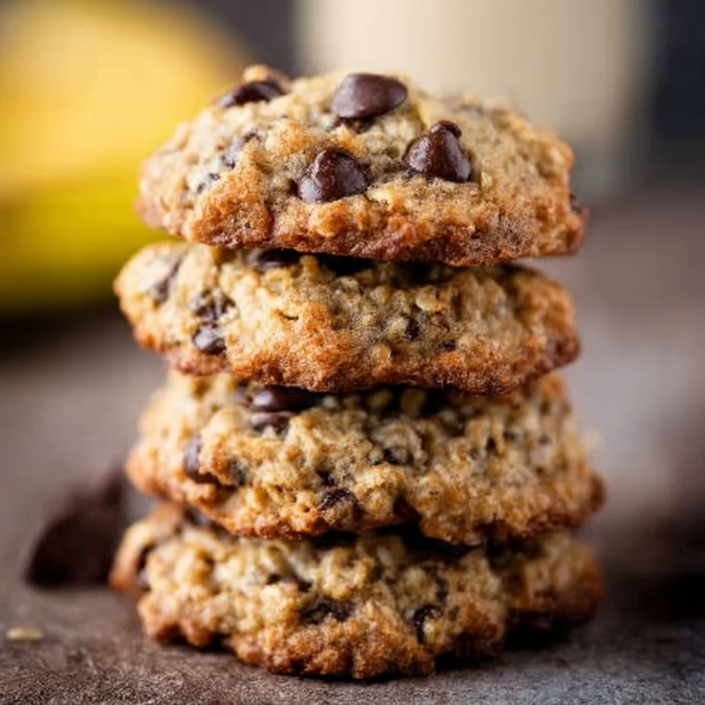 Baked banana oat chocolate chip cookies on a plate, delicious and healthy snack.
