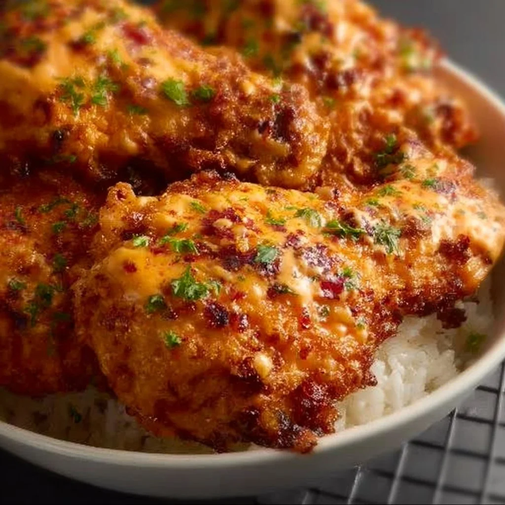 Bang Bang Air Fryer Chicken dish garnished and ready to serve