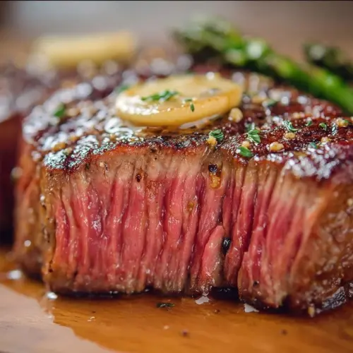 Perfectly cooked air fryer sirloin steak garnished with herbs