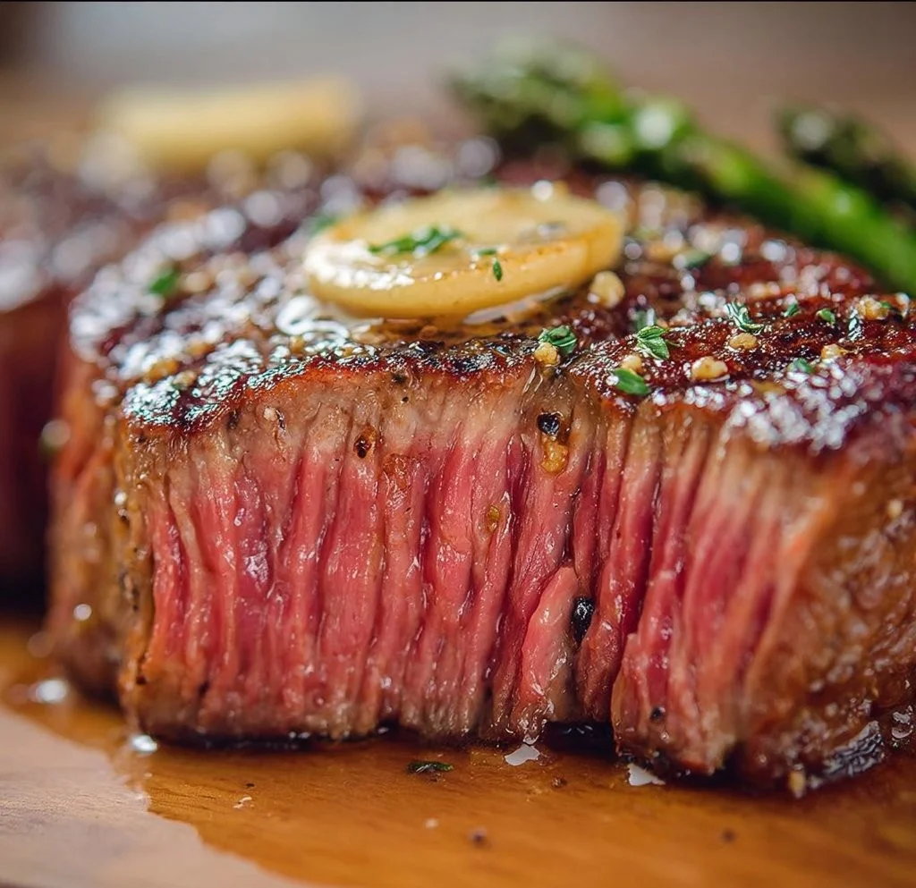 Perfectly cooked air fryer sirloin steak garnished with herbs