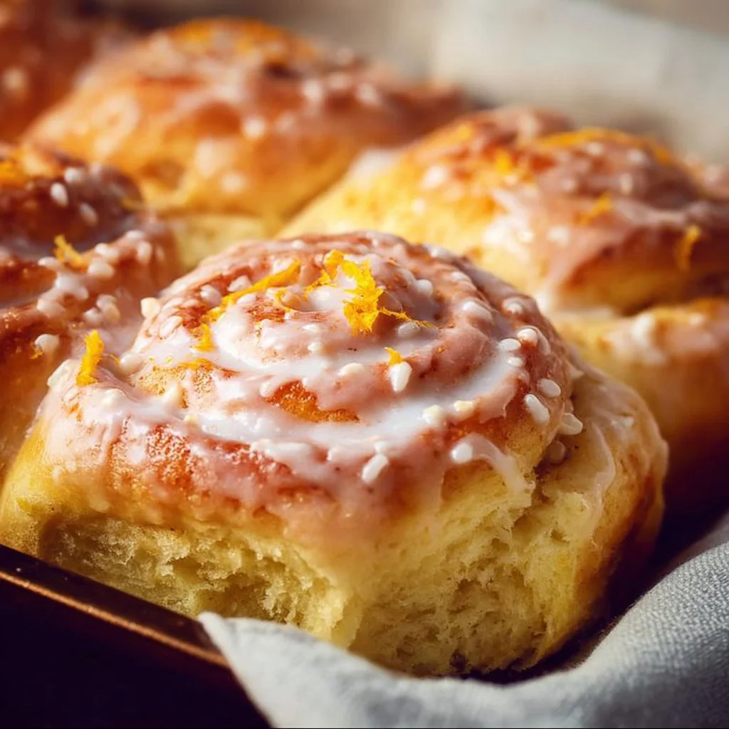 Freshly baked orange rolls with a citrus glaze on a white plate