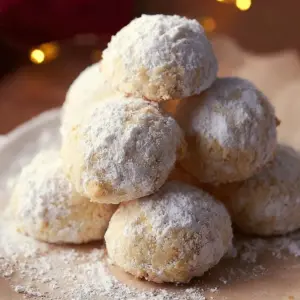 Delicious snowball cookies dusted with powdered sugar on a plate