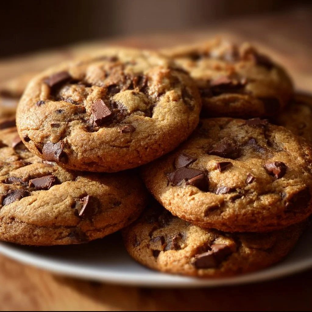 Freshly baked Biscoff chocolate chip cookies on a cooling rack.