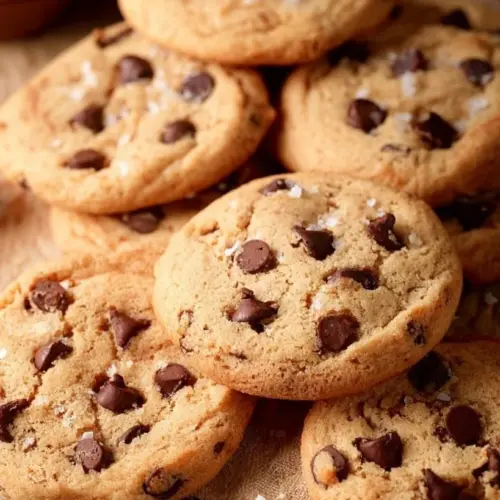 Freshly baked Bisquick chocolate chip cookies stacked on a plate