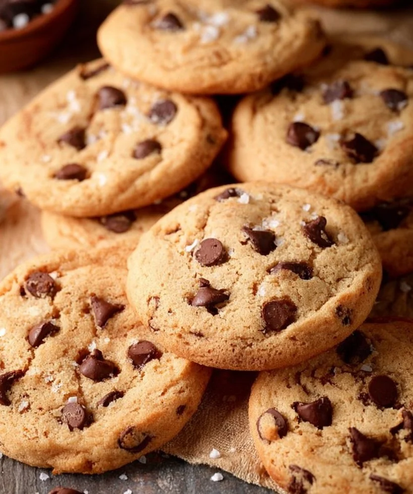 Freshly baked Bisquick chocolate chip cookies stacked on a plate