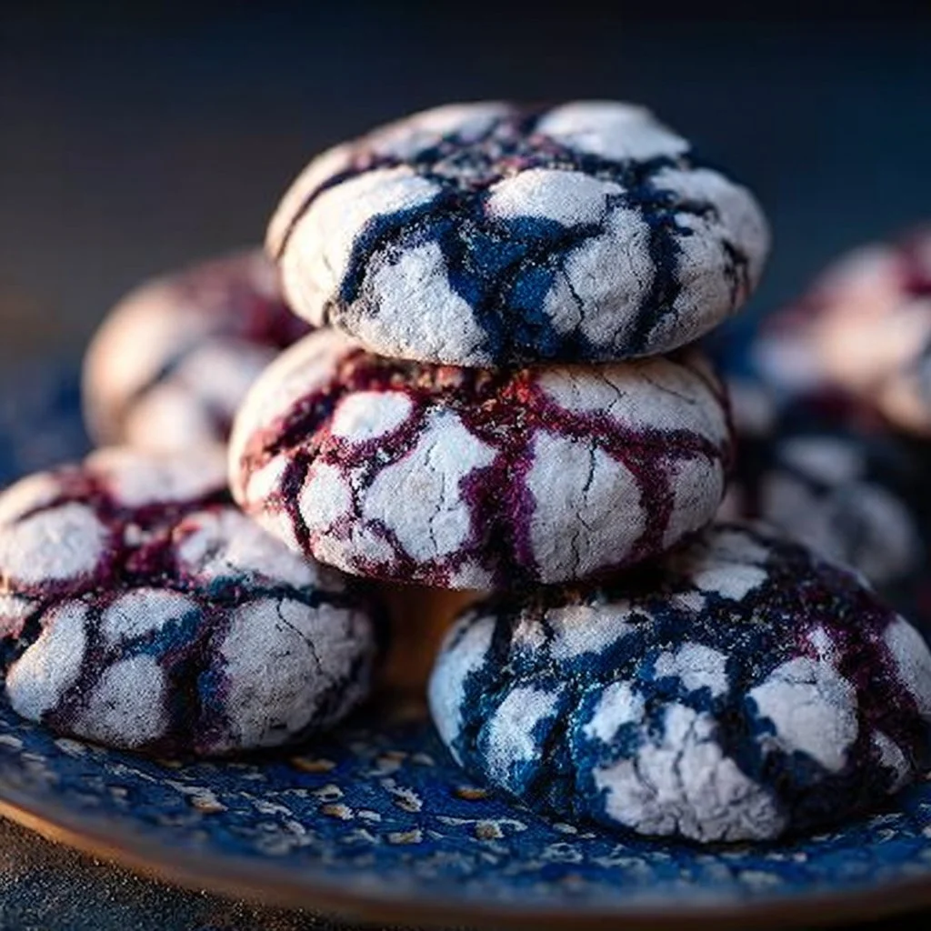 Freshly baked Blueberry Crinkle Cookies on a cooling rack