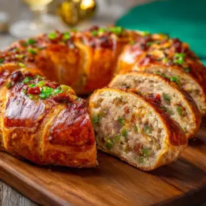 Boudin sausage filling in a King Cake, showcasing a vibrant and festive dish