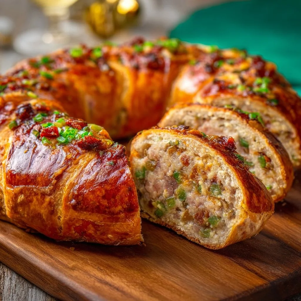 Boudin sausage filling in a King Cake, showcasing a vibrant and festive dish