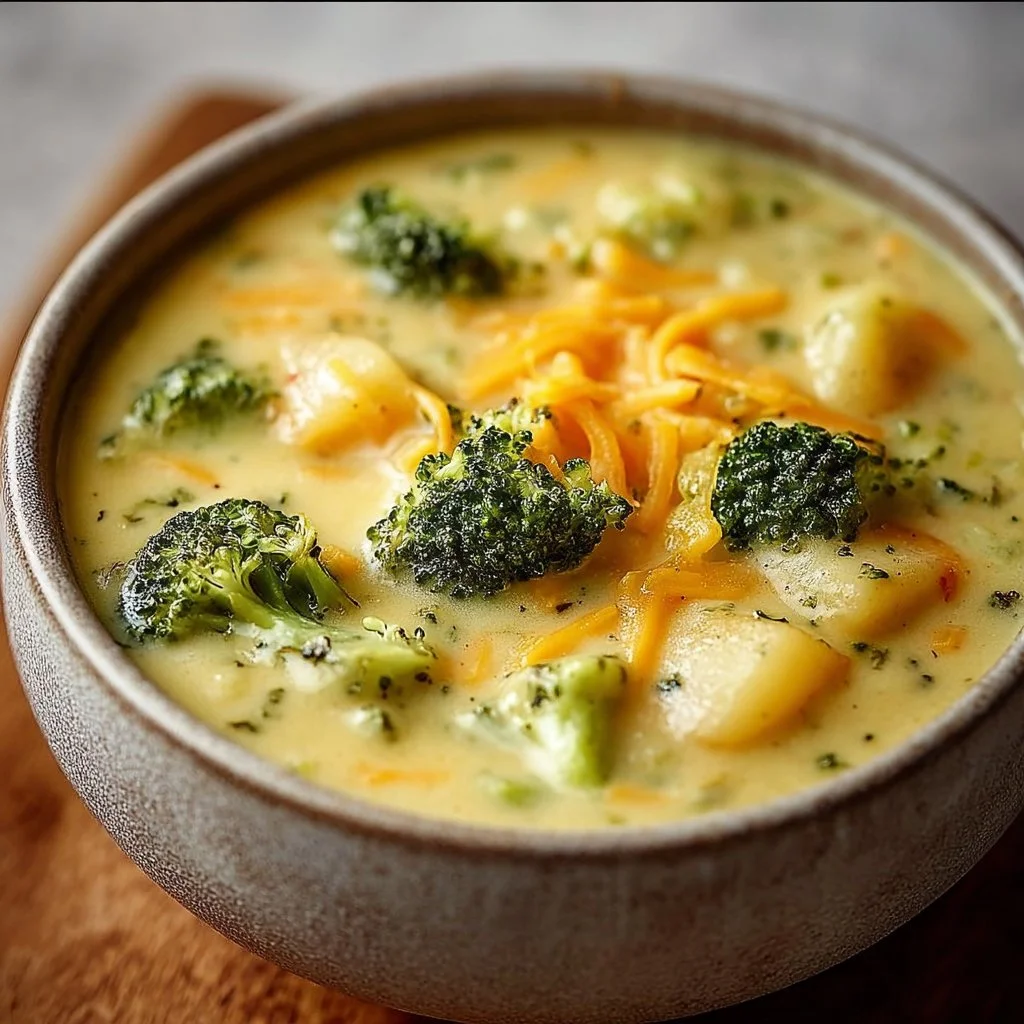 Bowl of creamy broccoli potato cheese soup topped with fresh herbs