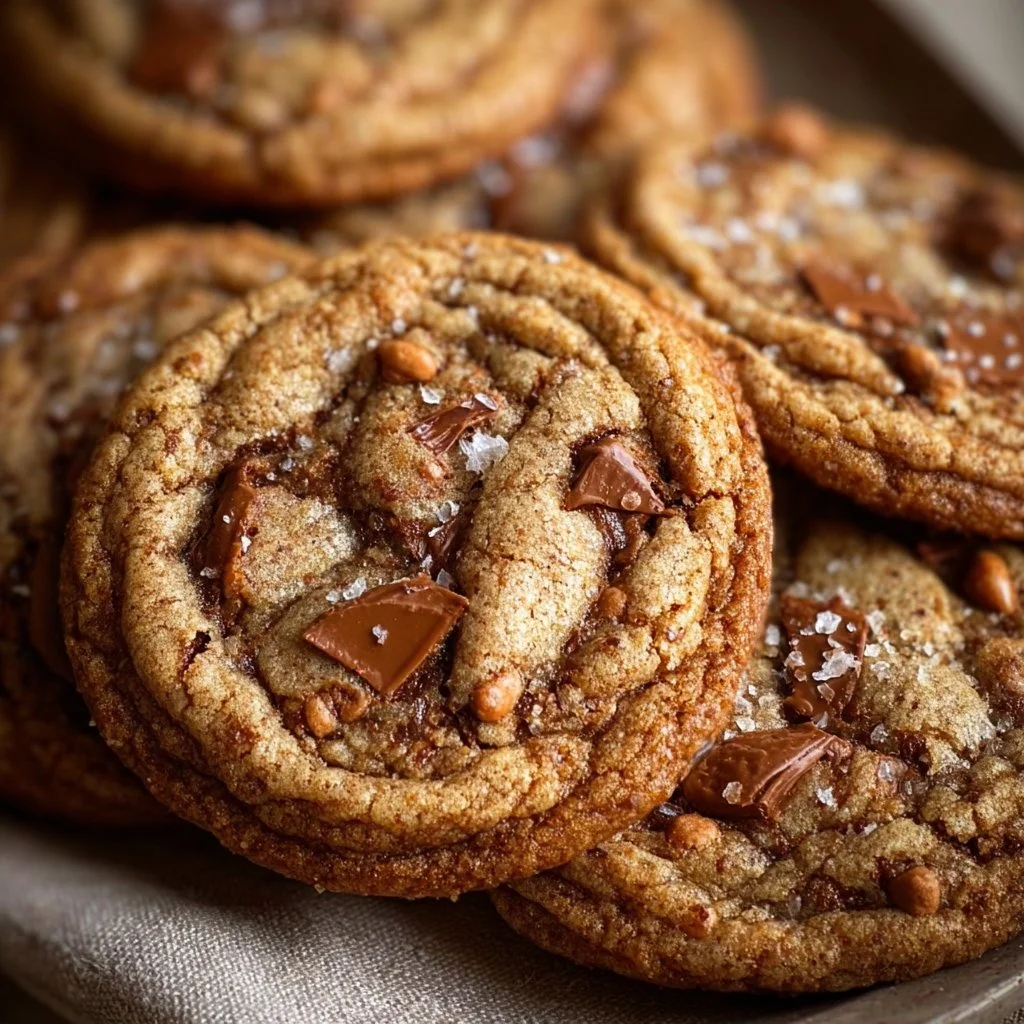 Freshly baked brown butter coffee toffee cookies with chocolate chunks