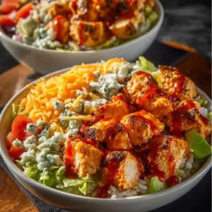 Delicious Buffalo Chicken Bowl topped with fresh ingredients and spicy sauce