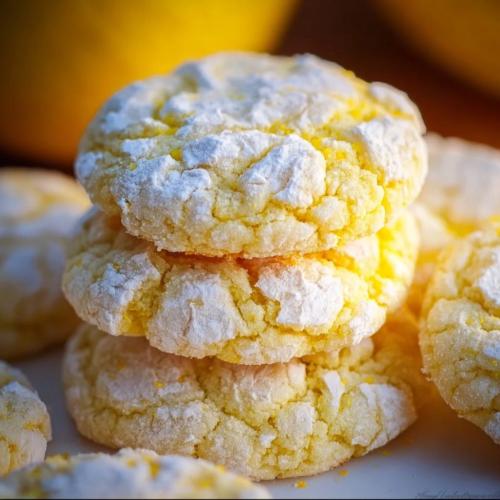 Cake mix lemon crinkle cookies with powdered sugar topping on a plate.