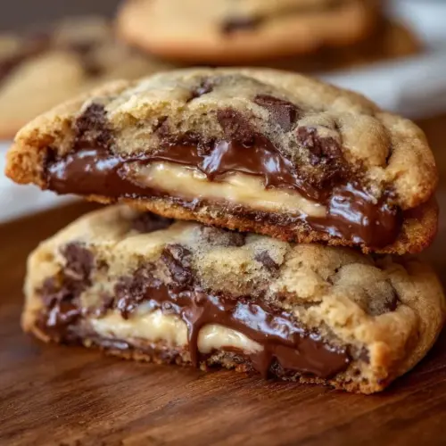 Delicious cheesecake stuffed chocolate chip cookies on a plate.