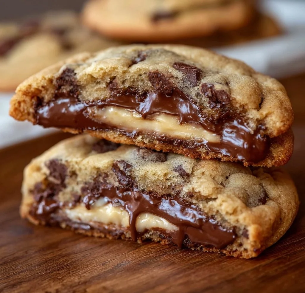 Delicious cheesecake stuffed chocolate chip cookies on a plate.