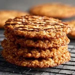 Chewy Oatmeal Lace Cookies on a cooling rack topped with chocolate drizzle