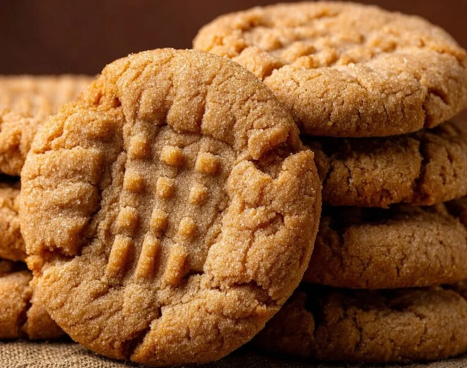 Chewy peanut butter cookies fresh out of the oven with a golden brown finish