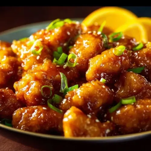 Plate of Chinese orange chicken with vibrant sauce and crispy chicken pieces