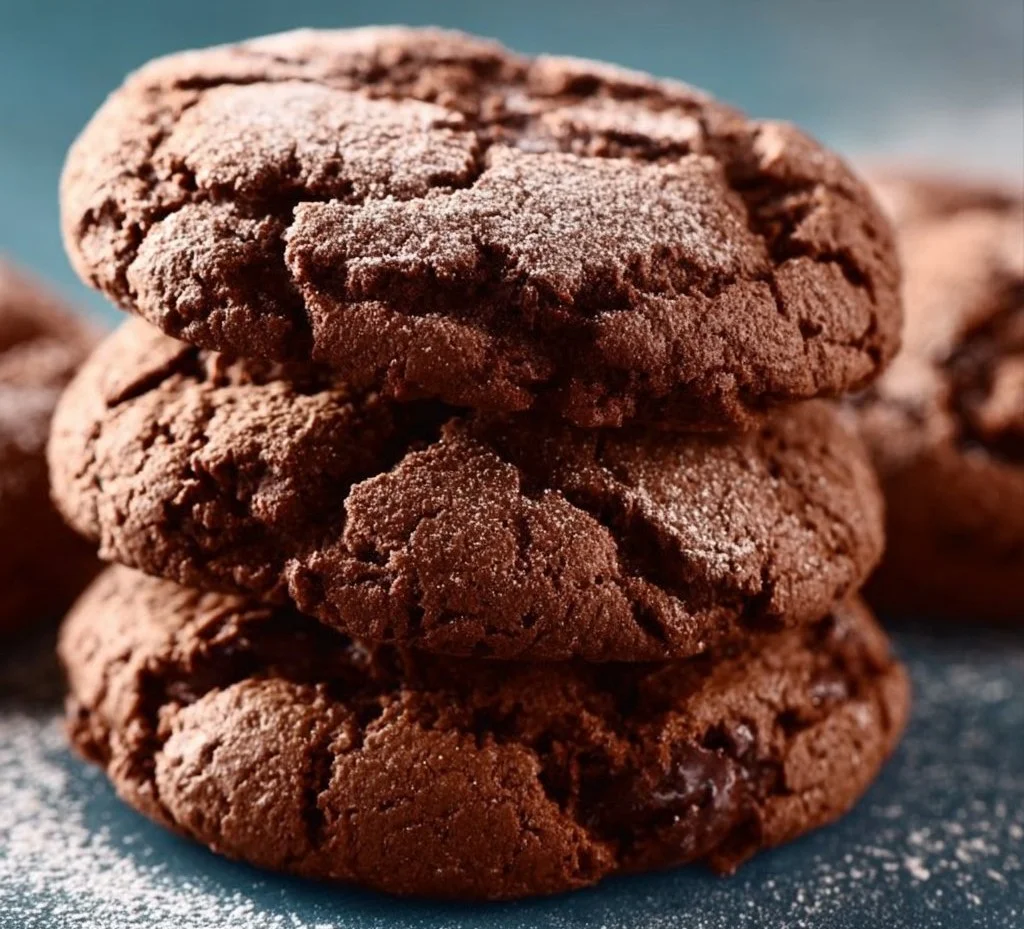 Chocolate cake mix cookies on a plate, topped with chocolate icing and sprinkles.