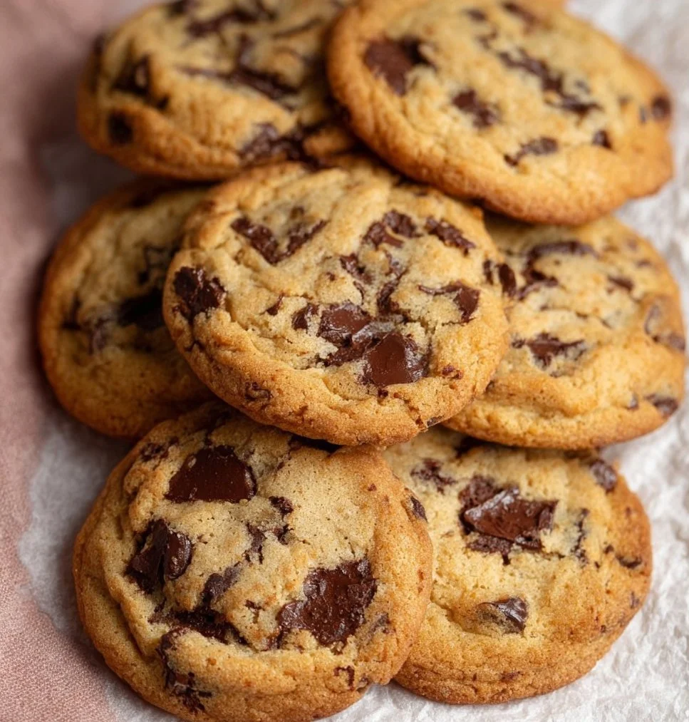 Freshly baked chocolate chip cookies on a cooling rack