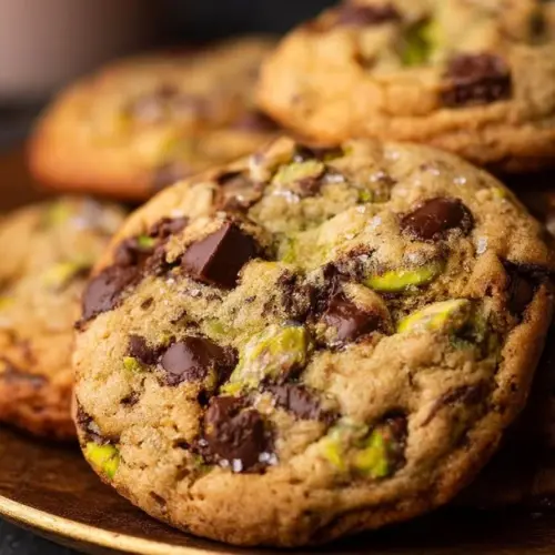 Baked Chocolate Chip Pistachio Cookies on a cooling rack