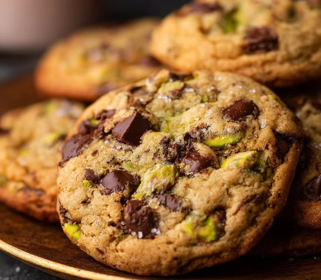 Baked Chocolate Chip Pistachio Cookies on a cooling rack
