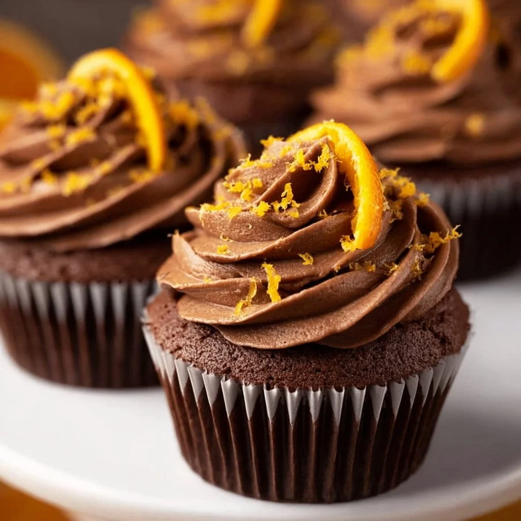 Delicious Chocolate Orange Cupcakes topped with orange zest and chocolate frosting.