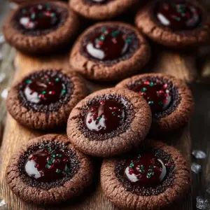 Delicious Chocolate Thumbprint Cookies with chocolate filling in the center
