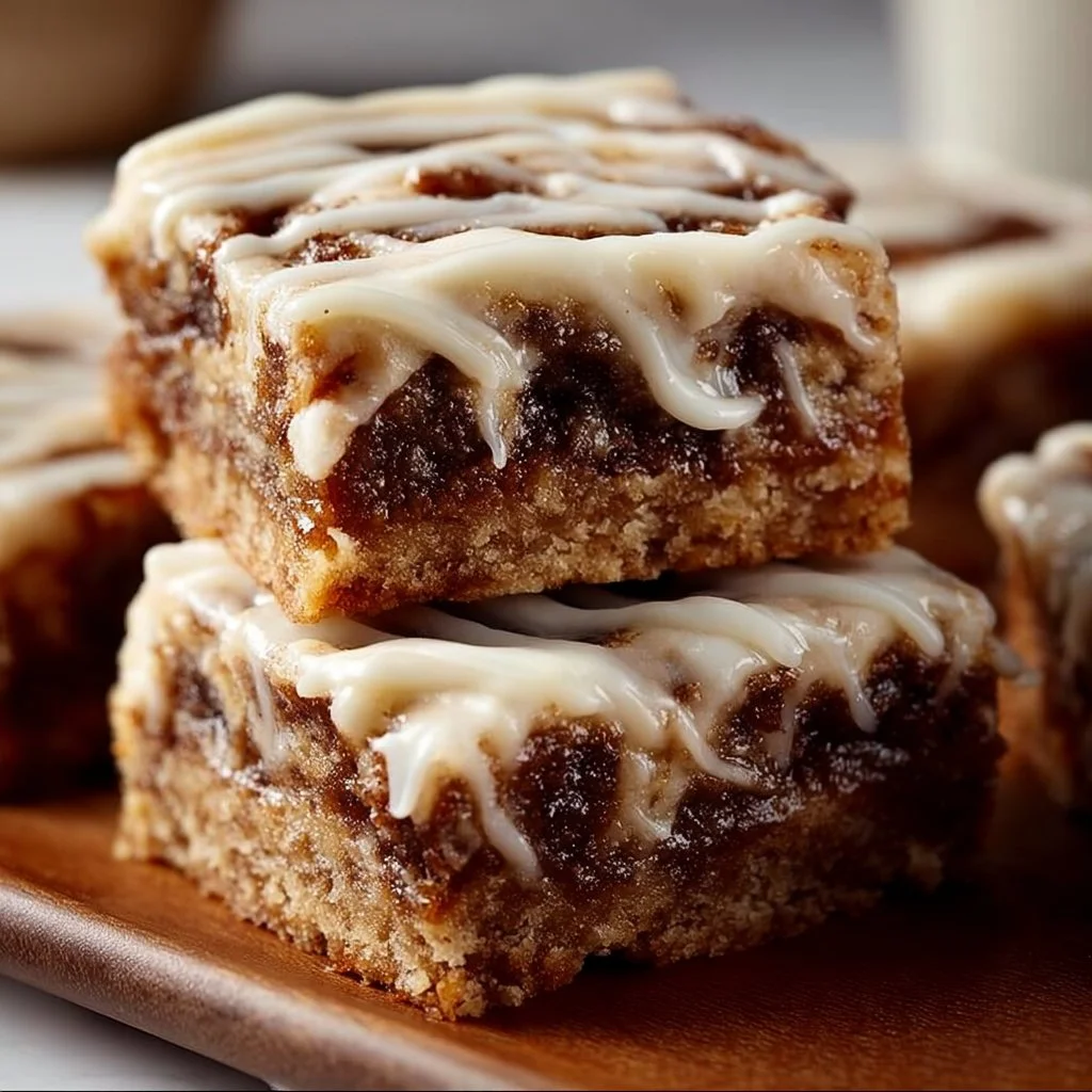 Delicious Cinnamon Roll Bliss Bars drizzled with icing and topped with cinnamon