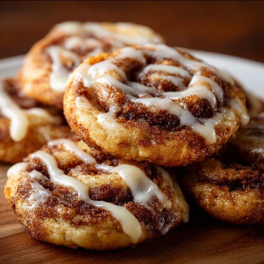 Delicious Cinnamon Roll Cheesecake Cookies topped with cream cheese frosting.
