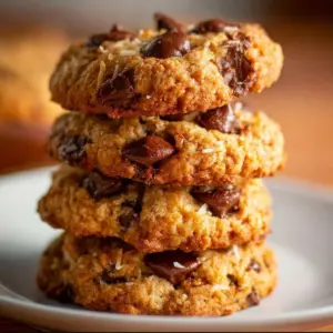 Delicious Coconut Chocolate Chip Cookies on a wooden plate