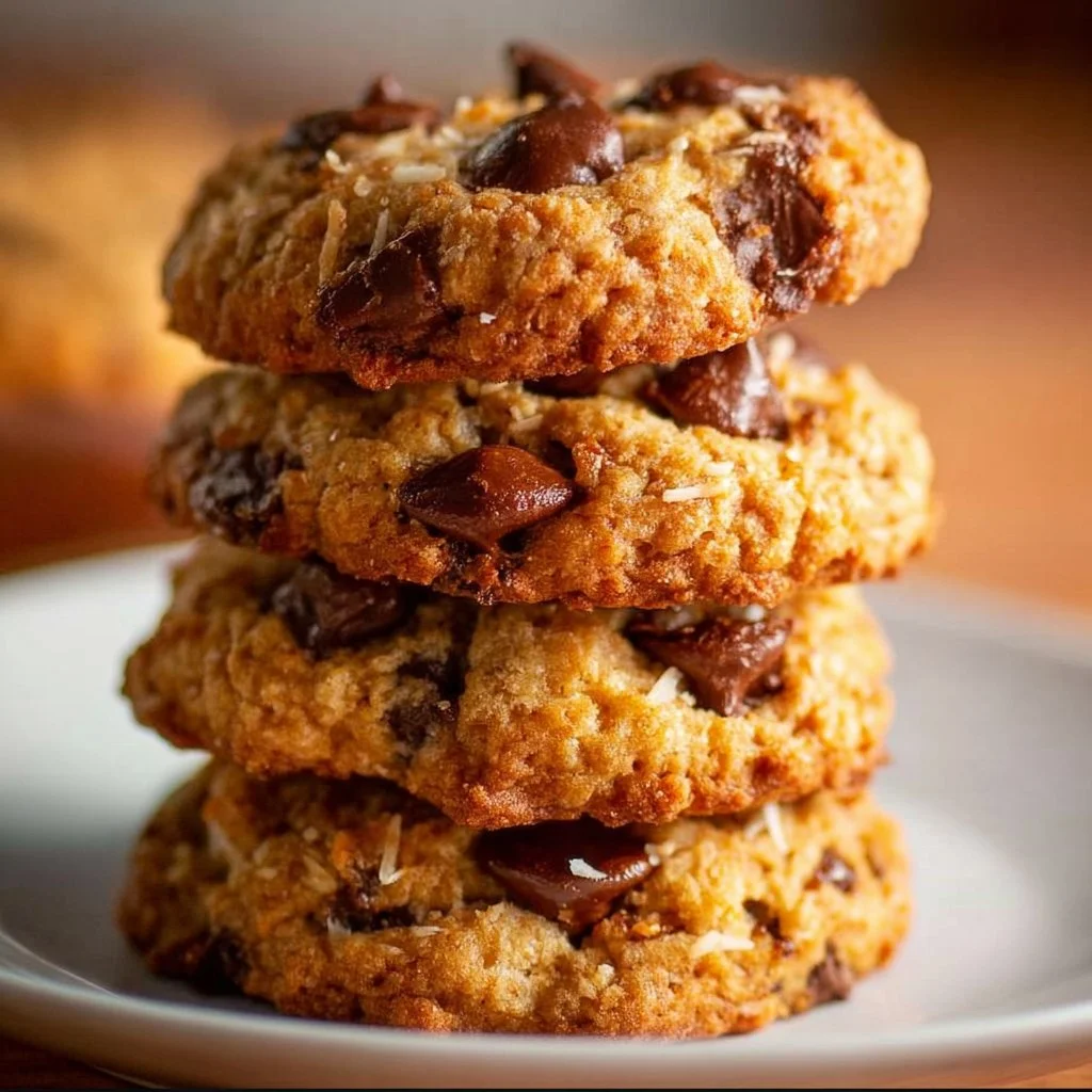 Delicious Coconut Chocolate Chip Cookies on a wooden plate