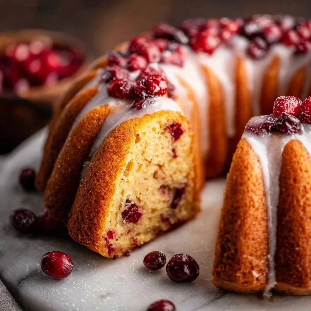 Delicious cranberry orange bundt cake on a decorative platter.