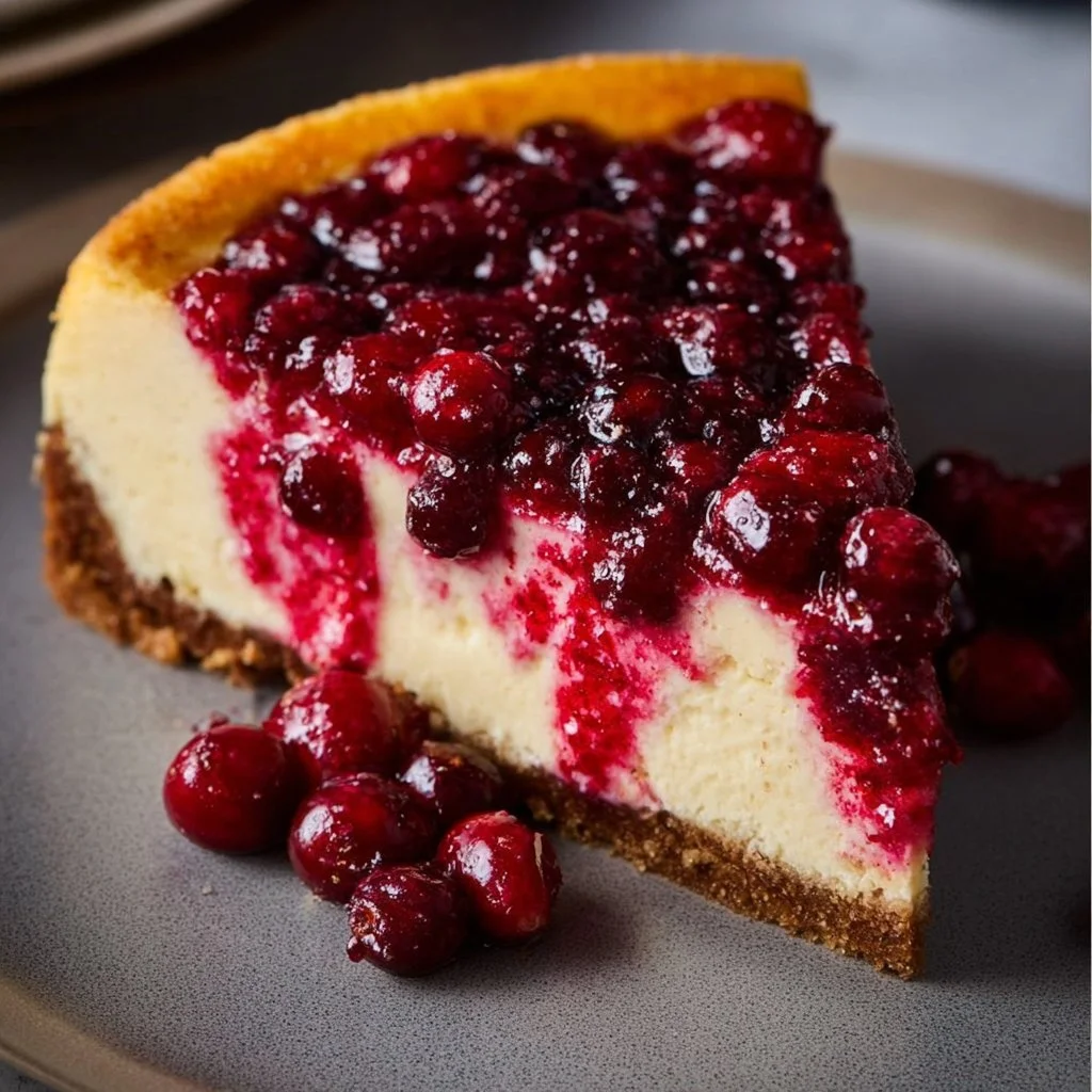 Slice of Cranberry Orange Cheesecake garnished with fresh cranberries and orange zest