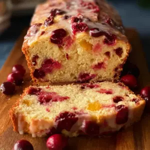 Freshly baked cranberry orange loaf with slices on a wooden table