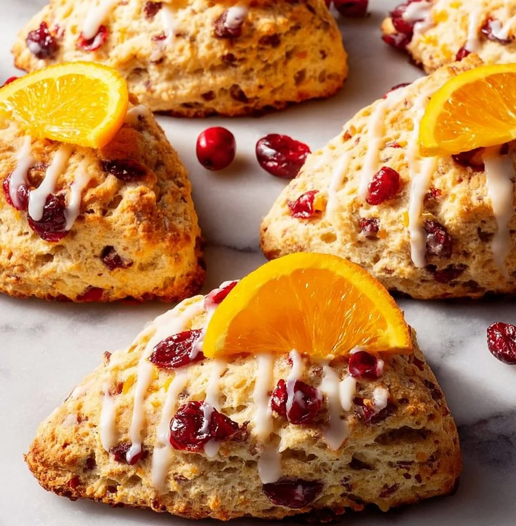 Freshly baked cranberry orange scones on a plate