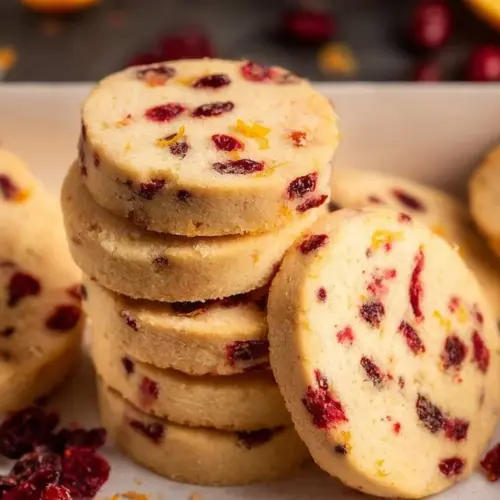 Freshly baked Cranberry Orange Shortbread cookies on a plate