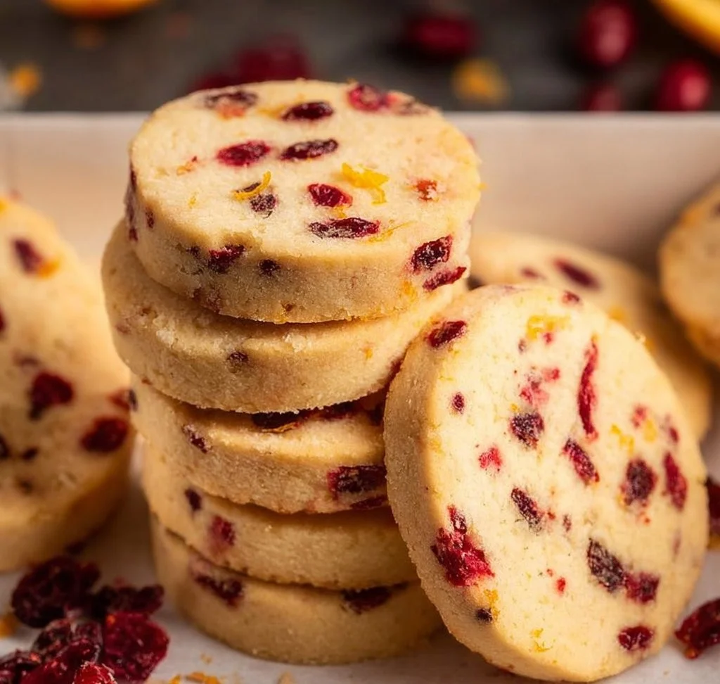 Freshly baked Cranberry Orange Shortbread cookies on a plate