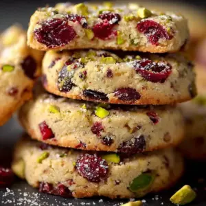 Cranberry pistachio shortbread cookies on a white plate, freshly baked and ready to enjoy.