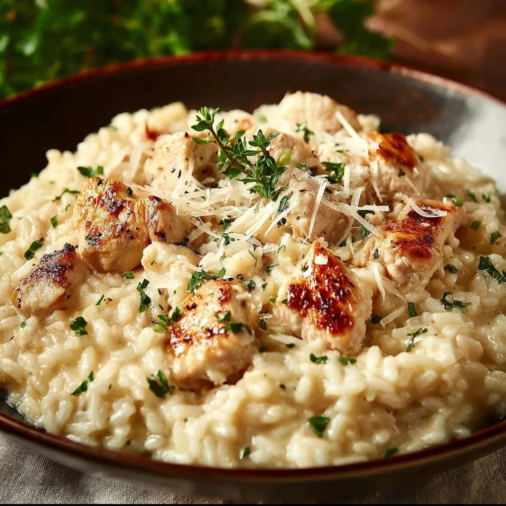 Creamy Parmesan Chicken Rice served in a bowl with herbs and spices