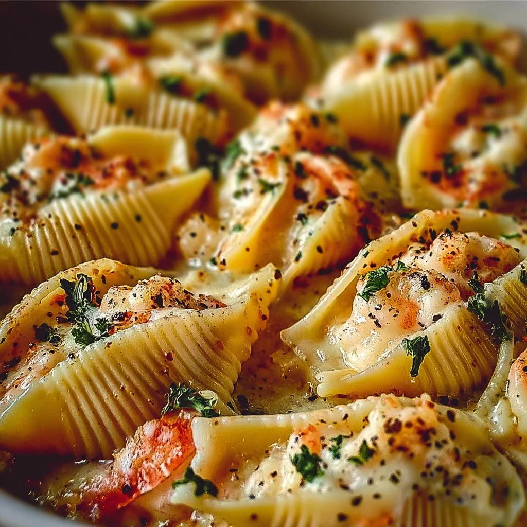 Delicious creamy seafood stuffed shells topped with cheese and herbs