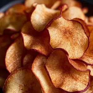 Crispy air fryer apple chips served in a bowl with a sprinkle of cinnamon