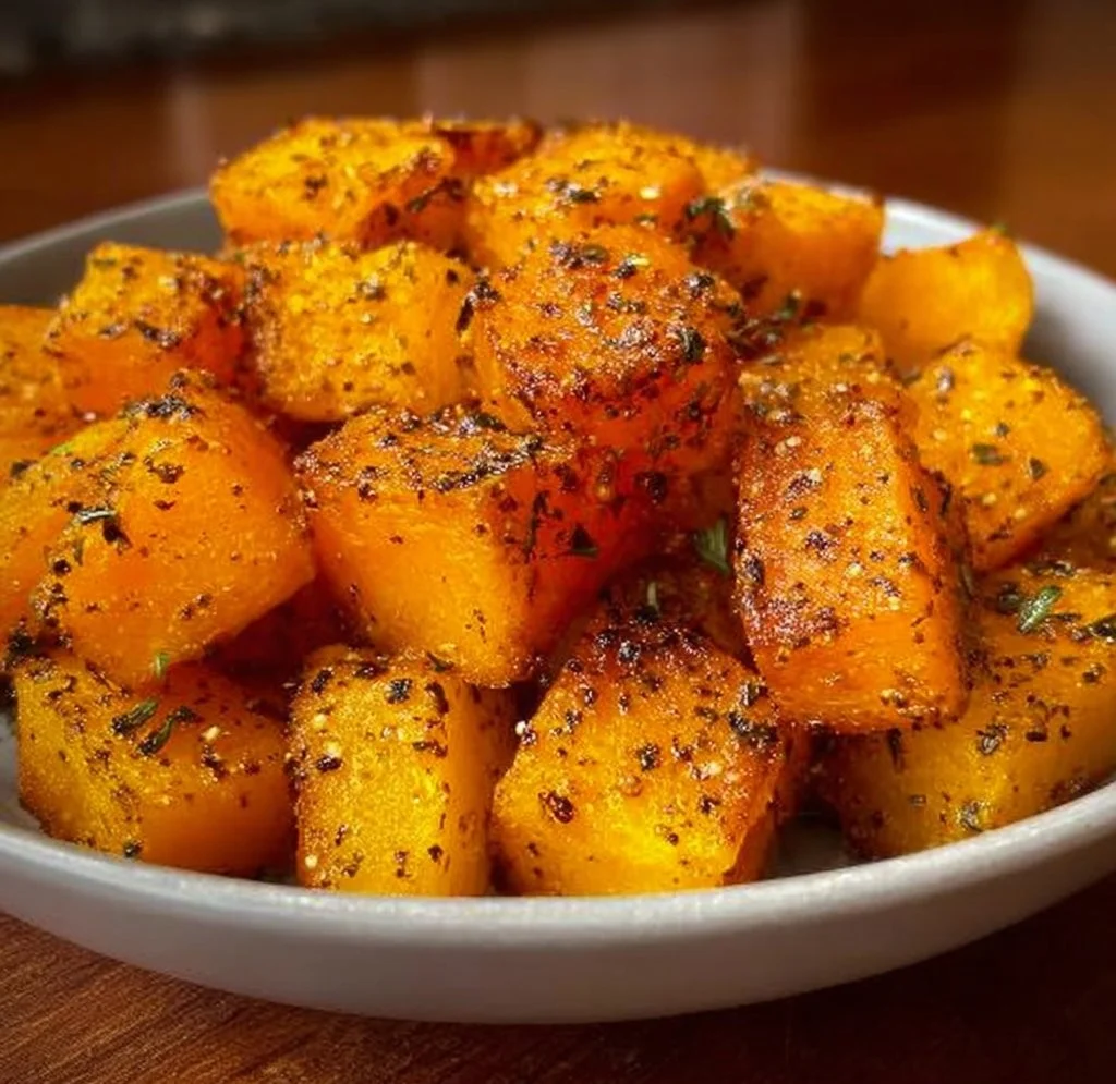Crispy air fryer butternut squash served on a plate