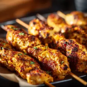 Crispy air fryer chicken skewers served with dipping sauce