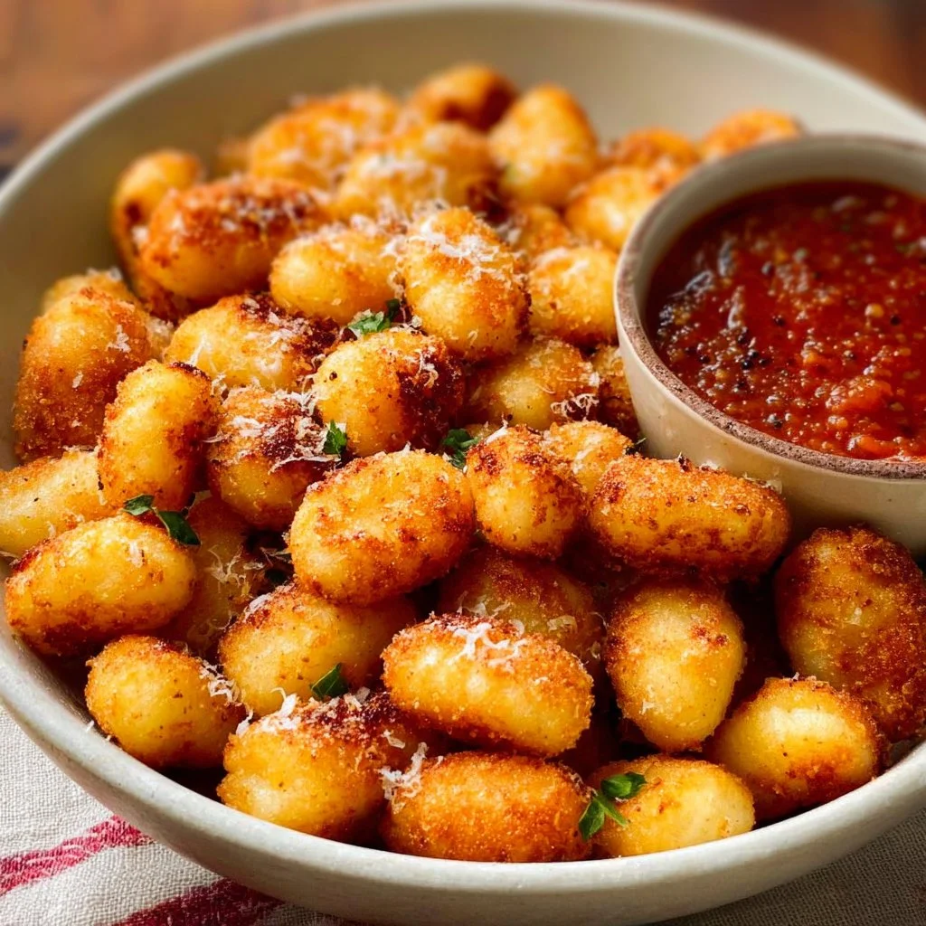 Crispy air fryer gnocchi served in a bowl with herbs and spices