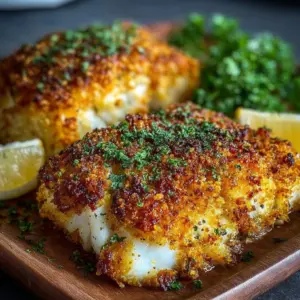 Crispy air fryer parmesan crusted cod served on a plate