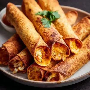 Crispy air fryer taquitos served with salsa and guacamole on a plate