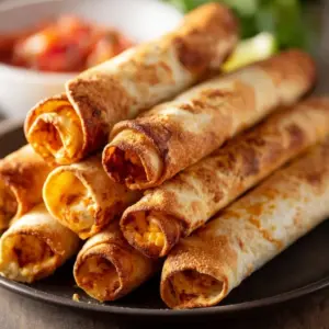 Crispy air fryer taquitos served with salsa and guacamole