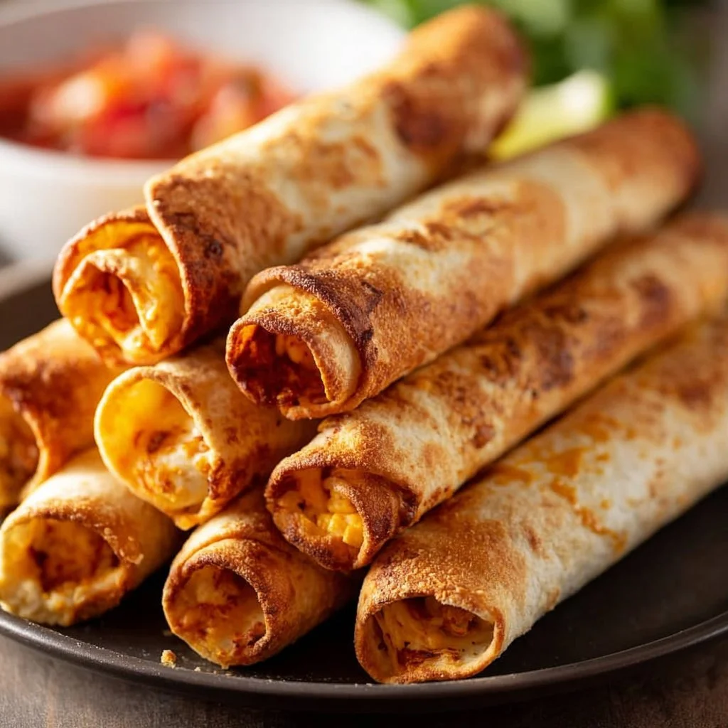 Crispy air fryer taquitos served with salsa and guacamole