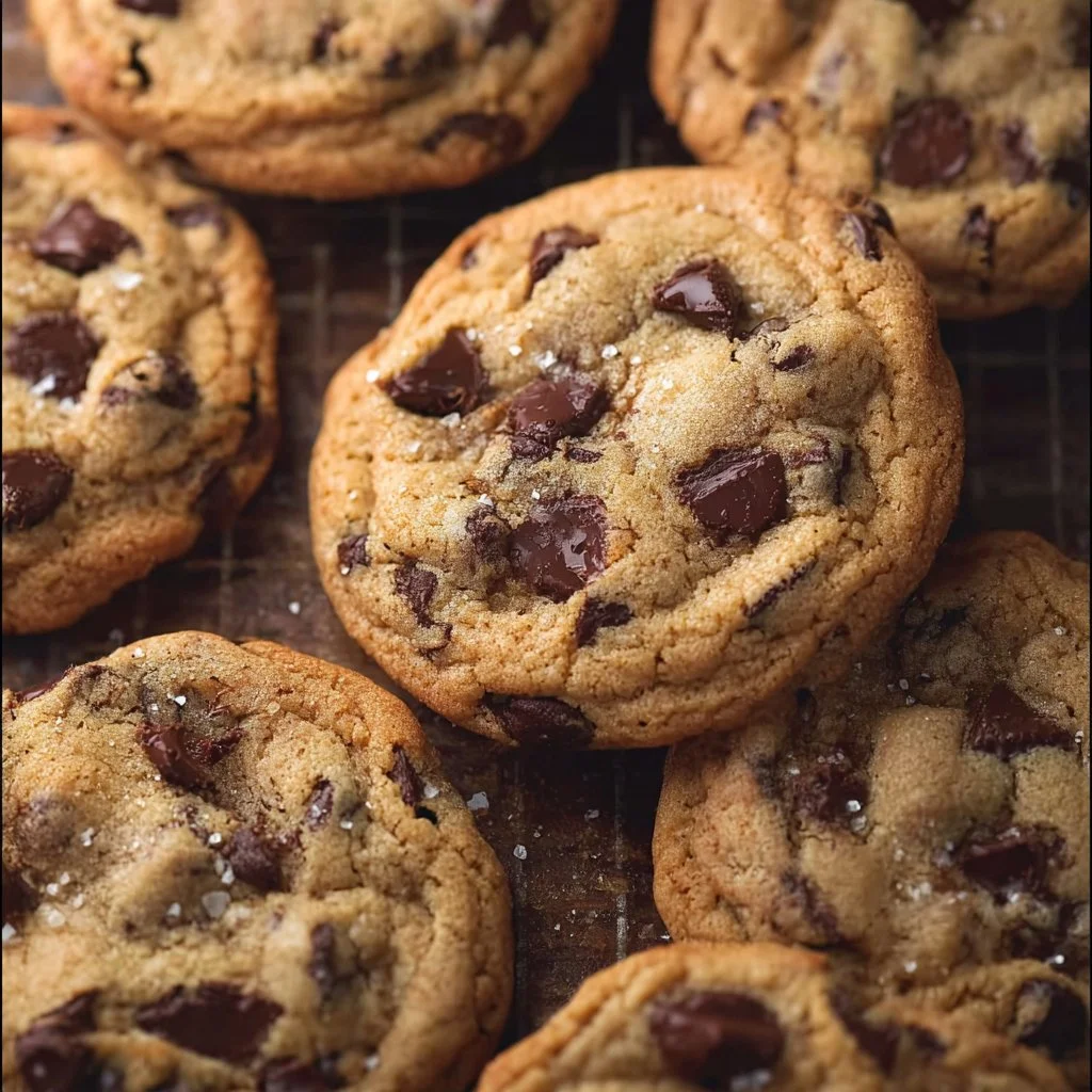 Freshly baked crispy and chewy chocolate chip cookies on a cooling rack.
