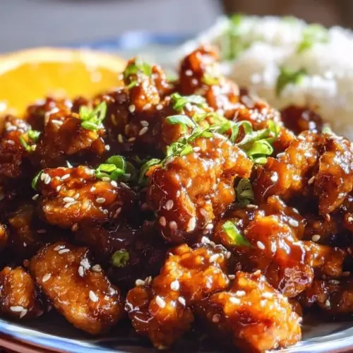 Plate of crispy orange chicken garnished with sesame seeds and green onions